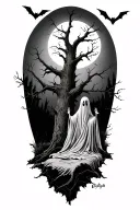 Dead tree with bedsheet ghost standing in front, and bats flying above  tattoo design idea