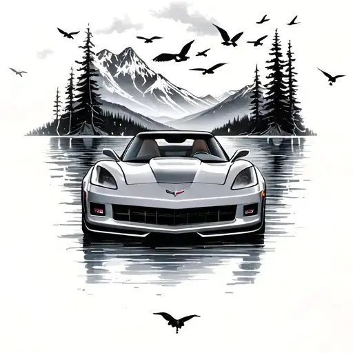 I want a c6 2007 corvette to be facing a lake in the mountains. I want lightning and rain and birds to be in the back.  tattoo design idea