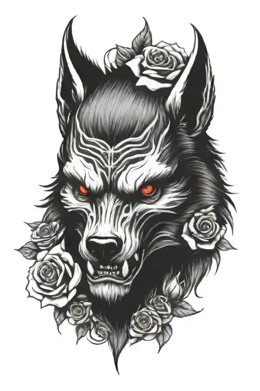 werewolf skull and roses tattoo design idea