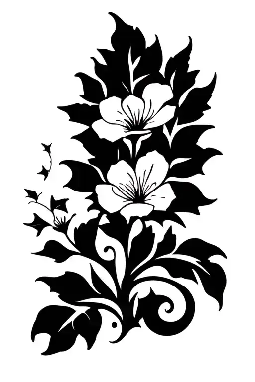 VINE LEAVES AND SMALL BLOSSOMING FLOWERS EQUALLY DISTRIBUTED LIKE IN A WALLPAPER tattoo design idea