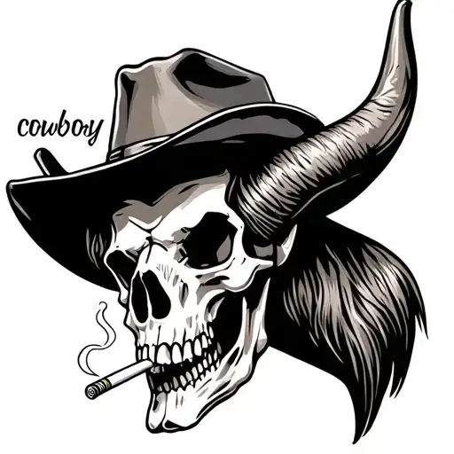 Long horn skull wearing cowboy hat and smoking cigarette. Text above the longhorn should say “cowboy” in cursive. And te tattoo design idea
