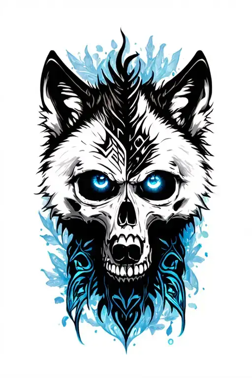 Wolfhead, Eucalyptus rank, Skull half side,glowing eye, washed out half, blue-white snowy background tattoo design idea