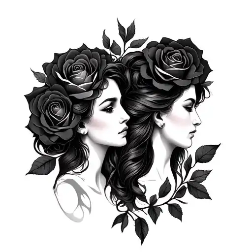 gemini sisters facing with roses tattoo tattoo design idea