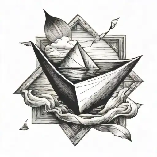 the paper boat sits in front of a square mirror tilted diagonally, with the edges of the mirror clearly defined tattoo design idea