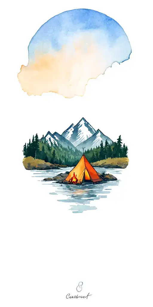 mountains forrest river running down to tent and camp fire tattoo design idea