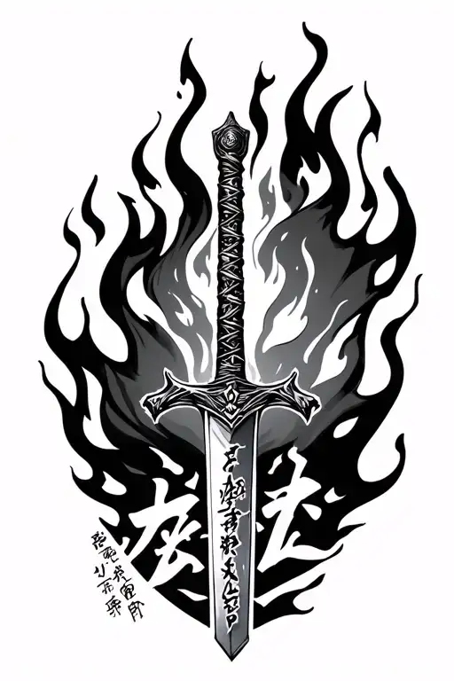 rengoku long flames sword with the words "Set your heart ablaze" in japanese tattoo design idea