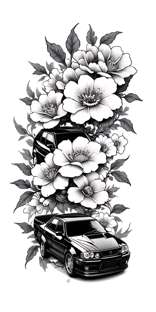 Japanese cars and flowers intertwined tattoo design idea