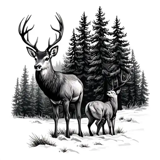 Mule Deer in pine trees tattoo design idea