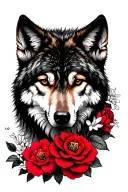 wolf with red camellia and jasmine flower tattoo design idea