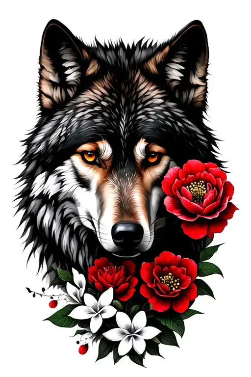 wolf with red camellia and jasmine flower tattoo design idea
