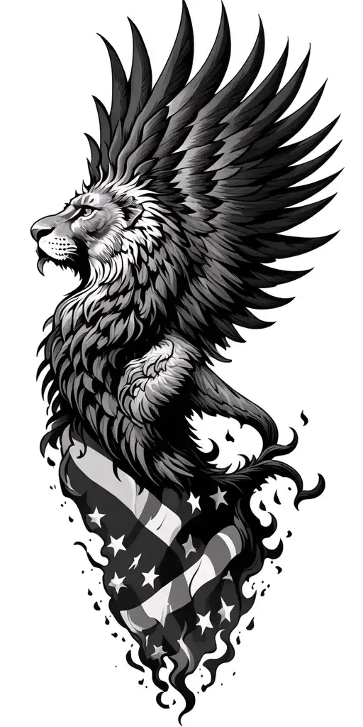 lion head american flag and rising phoenix rising from ashes tattoo design idea