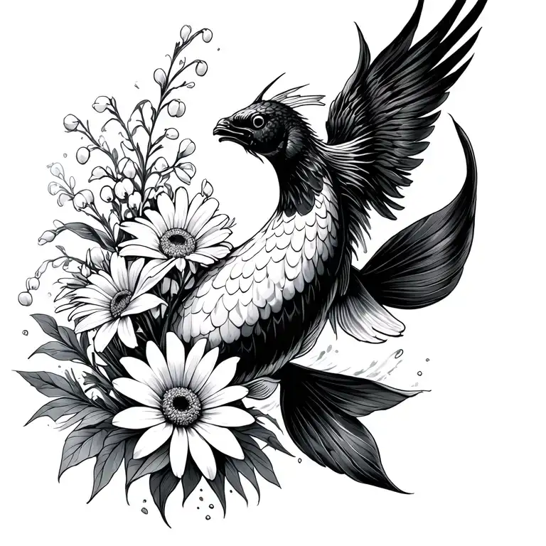  out of water black white koi Transformung into phoenix, bouquet with an aster, a daisy, a lily of the valley tattoo design idea