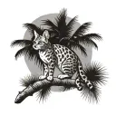 Savannah cat climbing up palm tree branch tattoo design idea