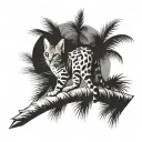 Savannah cat climbing up palm tree branch tattoo design idea