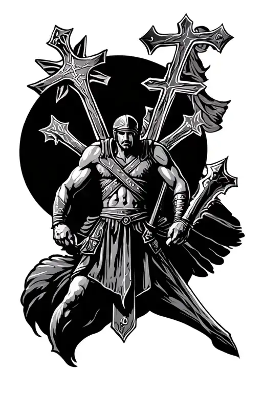 3 crosses with romans 9:10 and a spartan warrior with veni, vidi, vici tattoo design idea
