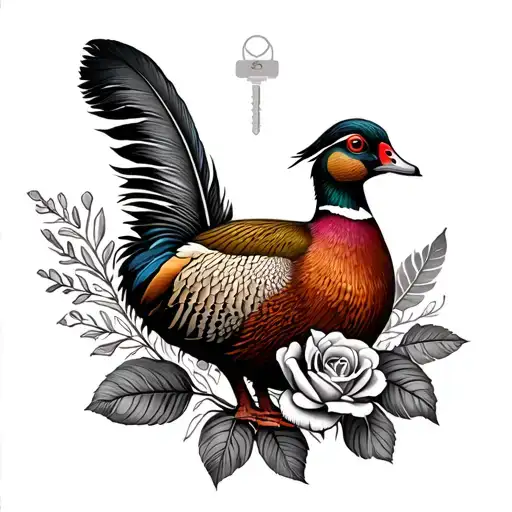 a duck or phesant feather, a map of the CA/NV sierras, gm truck and jeep keys, a compass and a rose tattoo design idea