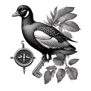 a duck or phesant feather, a map of the CA/NV sierras, gm truck and jeep keys, a compass and a rose tattoo design idea