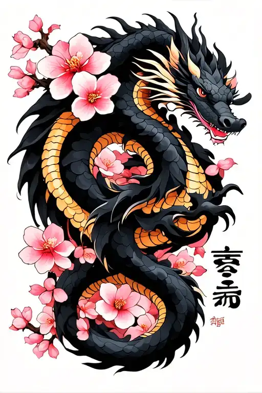 "言わぬが花" "言わぬが花" Include the text vertically down the forearm.  Have a black dragon swirling around the arm with a base of cherry blossom tattoo design idea