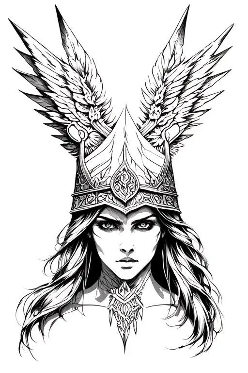 valkyrie warrior woman face incorporated tattoo design idea