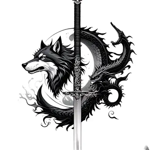Katana surrounded by a wolf and dragon and moon tattoo design idea