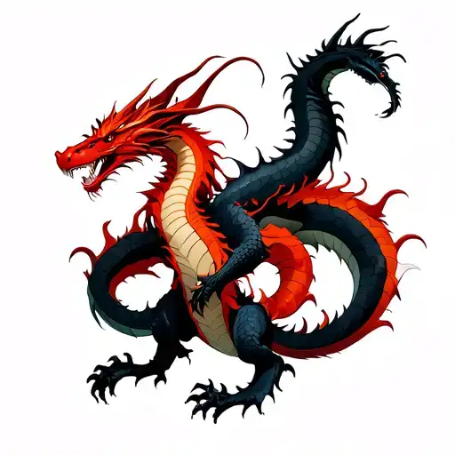 Red dragon wrap around on left arm then a black dragon wrapping around the rights side then they connect on the back  tattoo design idea