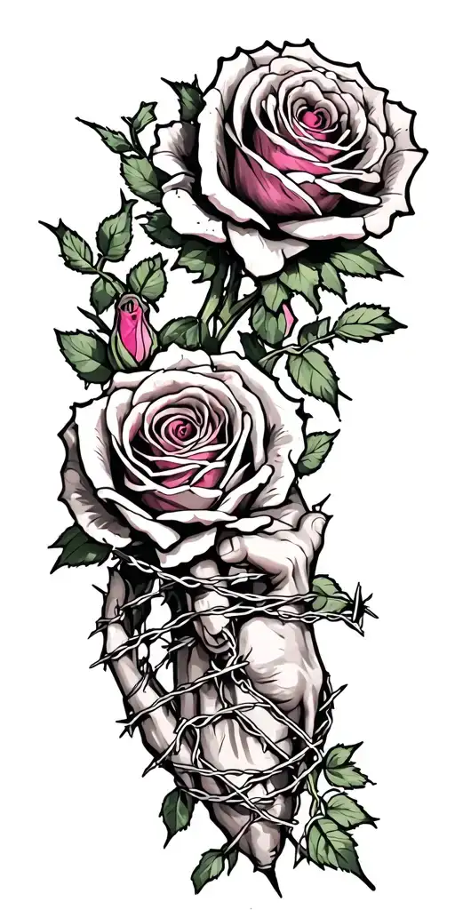 dead roses, barbed wire wrapped, and breast cancer awarness tattoo design idea