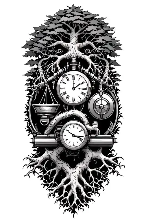midevil tree of life with roots, libra scales, v-twin engine and clock tattoo design idea