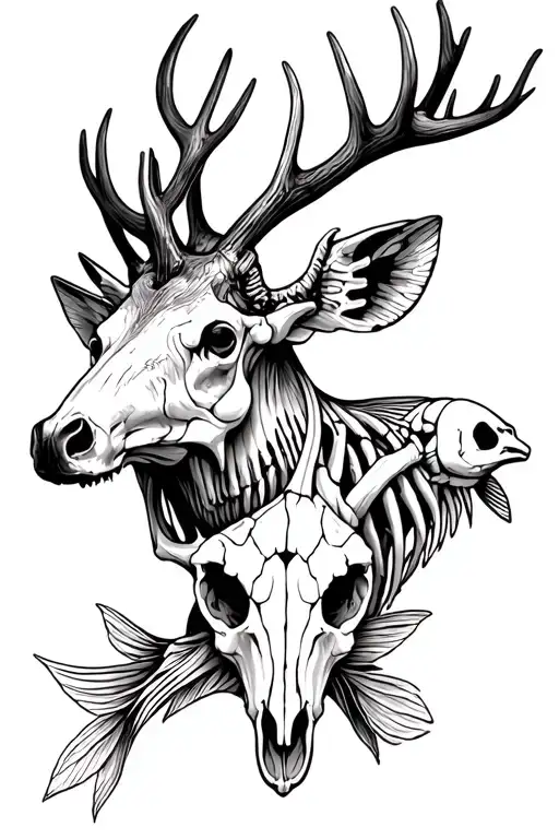 deer and elk skull and antlers and fish skeletons tattoo design idea