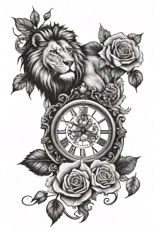 roses, broken clock, cross, lion face tattoo design idea