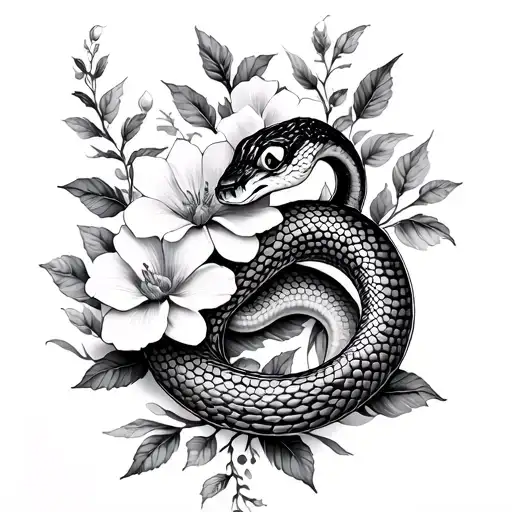 Create a black and white, dark feminine, elegant but sexy spine tattoo of a snake and flowers but include shading tattoo design idea