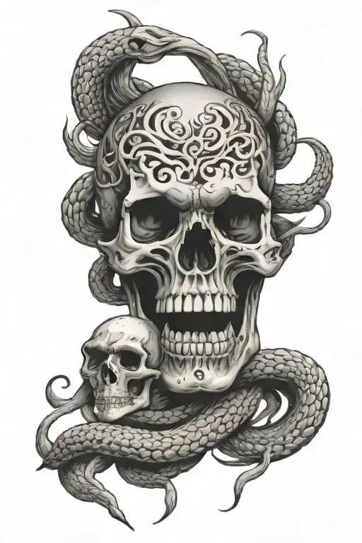 japanese sprit leaving a skull surrounded by snakes tattoo design idea