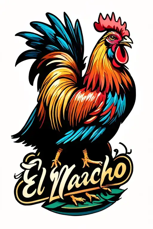 sexy rooster crowing in the air with one head and two legs with "El Macho" written below tattoo design idea