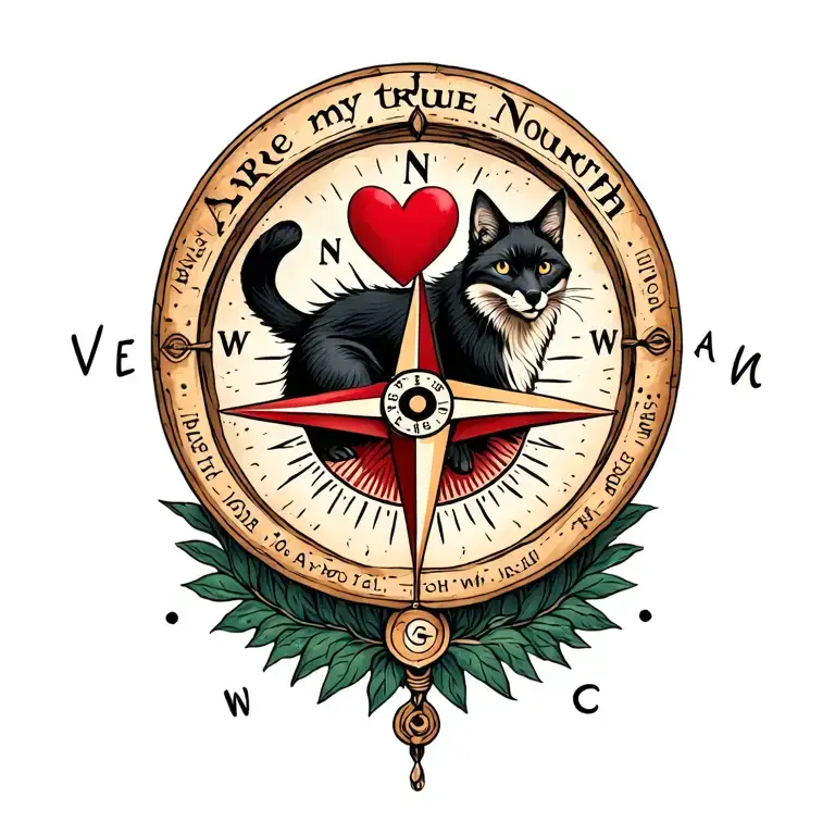 american traditional tattoo compass rose, you are my true north around it, heart on top, fox, black cat tattoo design idea