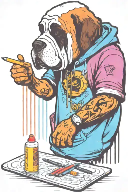 standing graffiti artist creating a masterpiece. replace human head for st Bernard head. holding a marker pen tattoo design idea