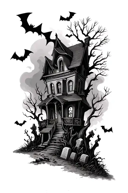 haunted house with grave yard and bats trees and smoke  tattoo design idea