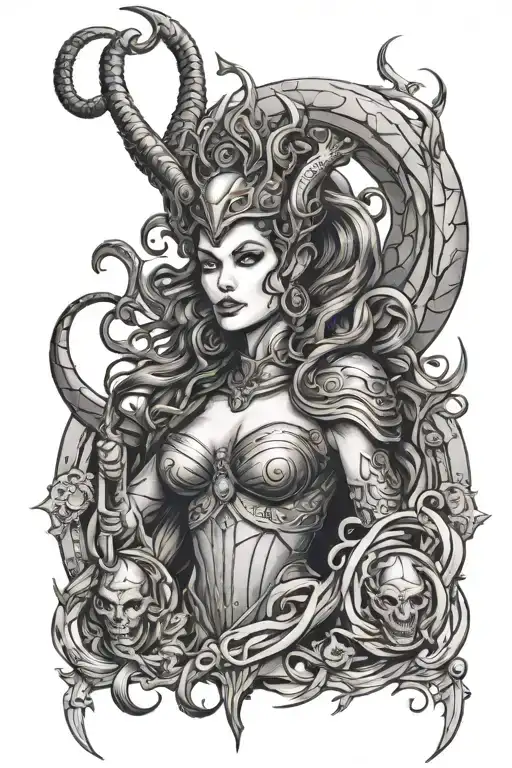medusa, maleficent, valkyrie women warrior princess, tattoo design idea