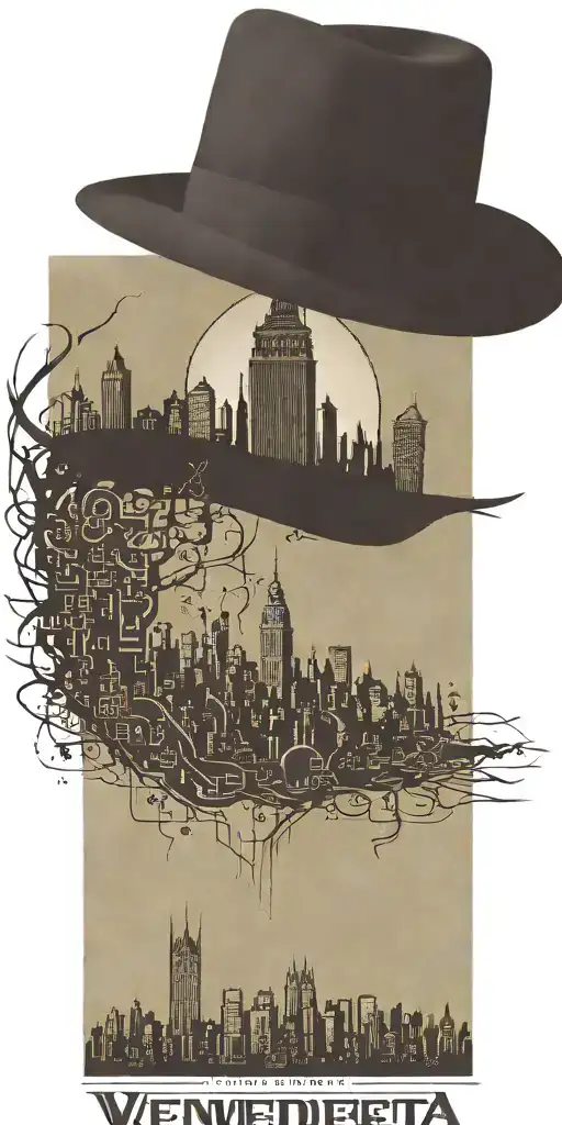 v for vendetta. hat with city skyline in the background with qr code tattoo design idea