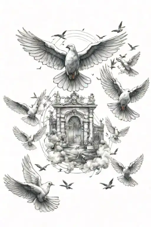 doves flying towards the gates of heaven tattoo design idea