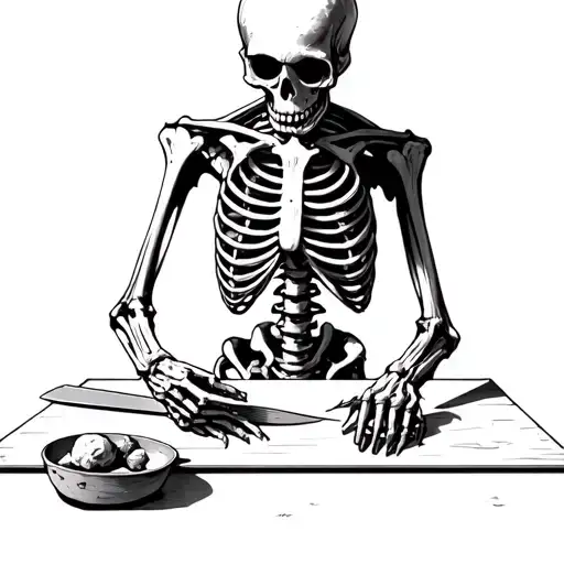 a skeleton butchering the demiurge on a table  tattoo design idea