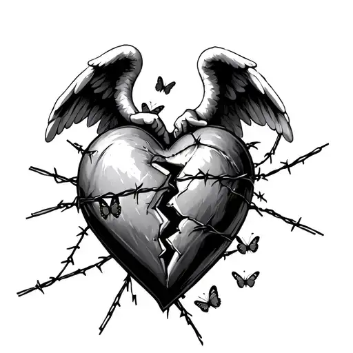 small crying angel holding up one side of a big broken heart. the heart is covered in barbed wire and butterflies  tattoo design idea