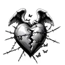 small crying angel holding up one side of a big broken heart. the heart is covered in barbed wire and butterflies  tattoo design idea