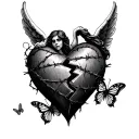 small crying angel holding up one side of a big broken heart. the heart is covered in barbed wire and butterflies  tattoo design idea