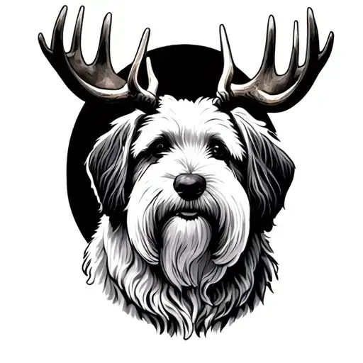 old English sheepdog with moose antlers tattoo design idea