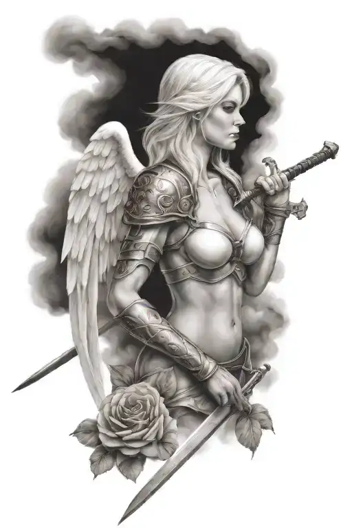 a sexy blond female angel as a warrior with some clouds, a rose and a Cross for a halfsleeve tattoo tattoo design idea