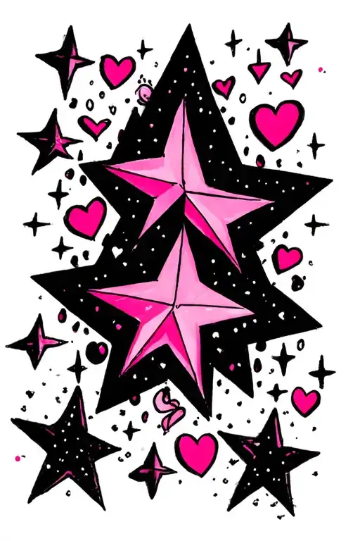 Pink and black stars with hearts and sparkles tattoo design idea