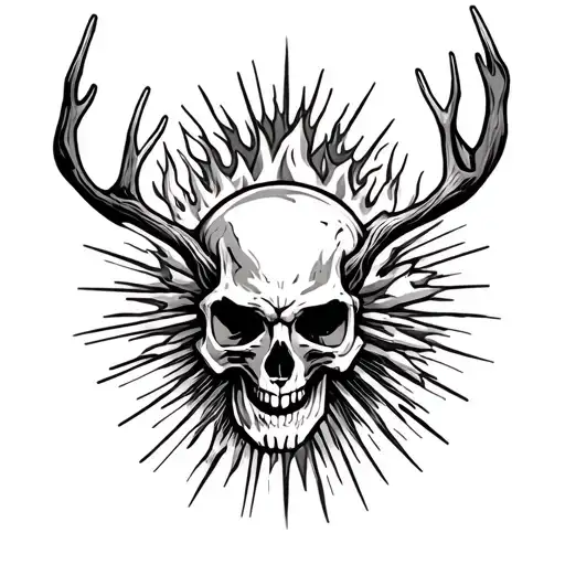 realistic Northern Arizona landscape, incorporate hunting, skulls, sunburst, fire tattoo design idea