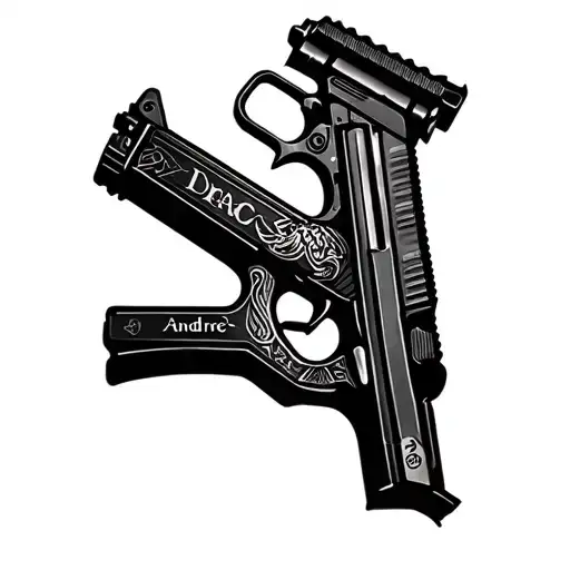 Create a stylish tattoo of the AR gun called Draco with my dead brother Andre’s name and the date he died 1/25/25 in it tattoo design idea