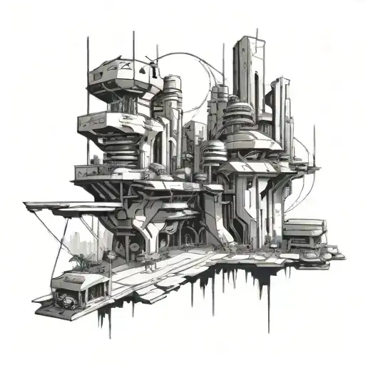A futuristic cyberpunk cityscape with elements of anime and video game aesthetics tattoo design idea