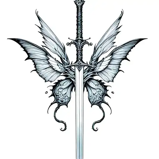 Dragon and sword fine line tattoo with butterfly wings combined  tattoo design idea
