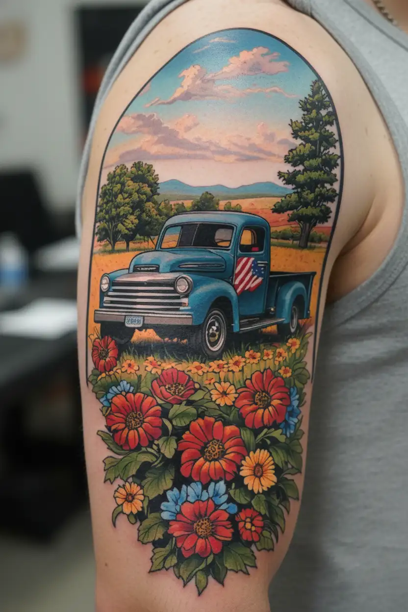 farm and truck tattoo design idea